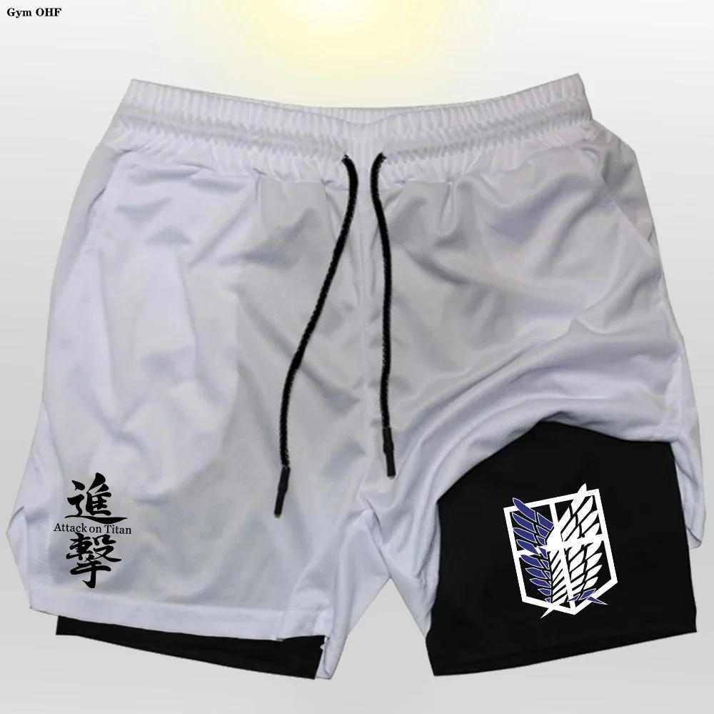 Anime Attack On hommes Gym séchage rapide Jogging Shorts Fitness entraînement course 2 en 1 pantalon