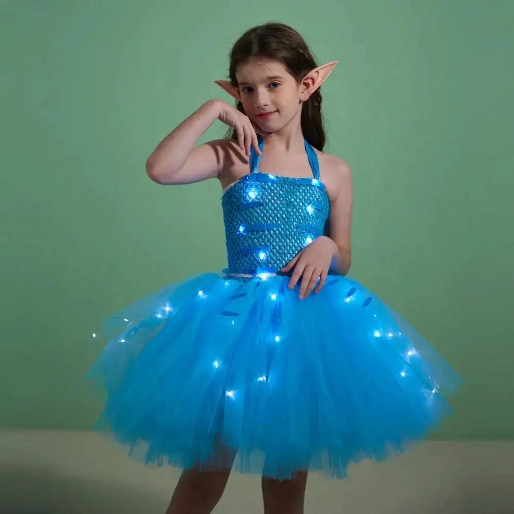 Costumes d'Avatar avec Lumières LED pour Bol, Robe Tutu Dégradé d'Halloween avec Oreilles d'Elfe, Te