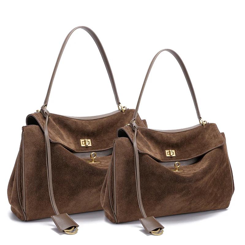 Sac à main en daim et cuir véritable pour femmes, sac à bandoulière de grande capacité, fourre-tout