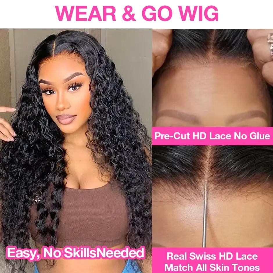 Perruque sans colle cheveux humains prête à porter deep wave brésilienne lace front bouclé HD 360 fu
