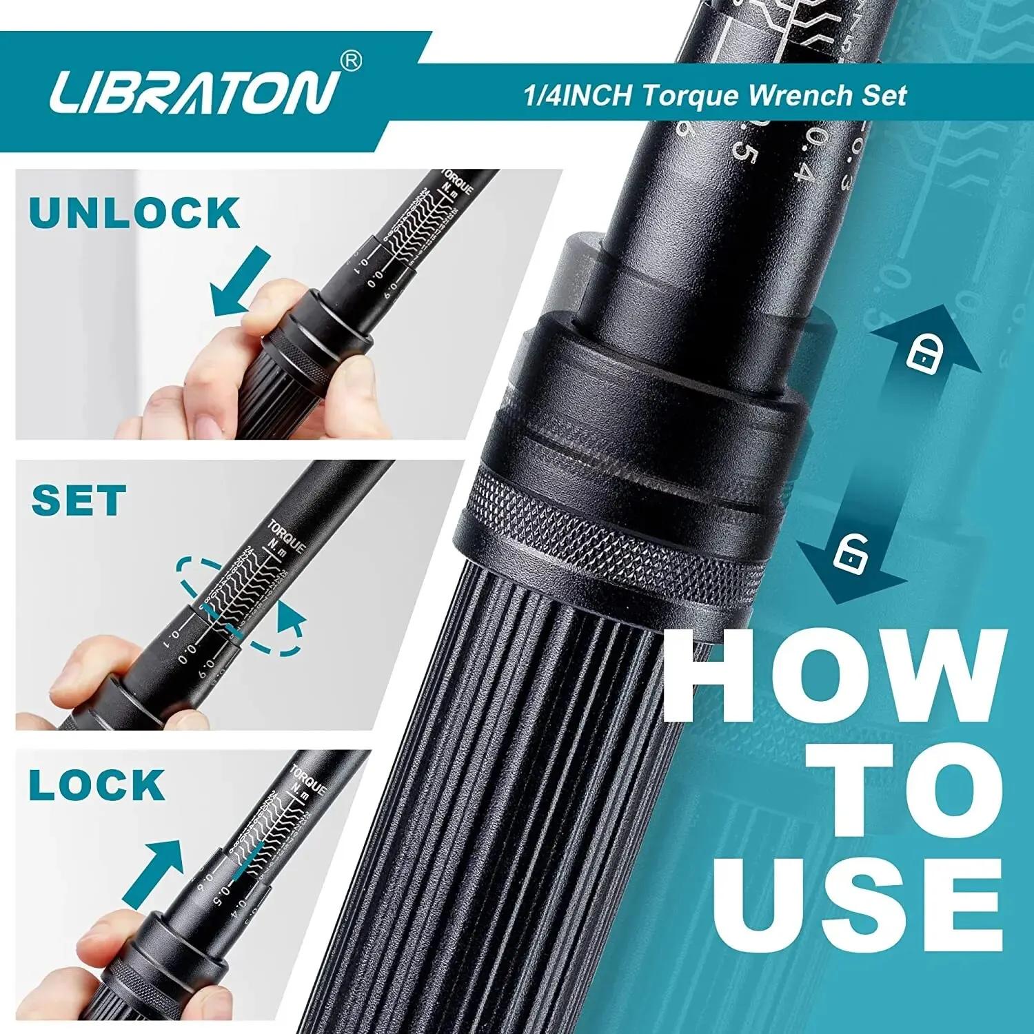 LIBRABOU- Ensemble de douilles de couple pour vélo, Hex, Torx, Star Bit, 1/4 en effet, 5-25Nm, 0.1 N