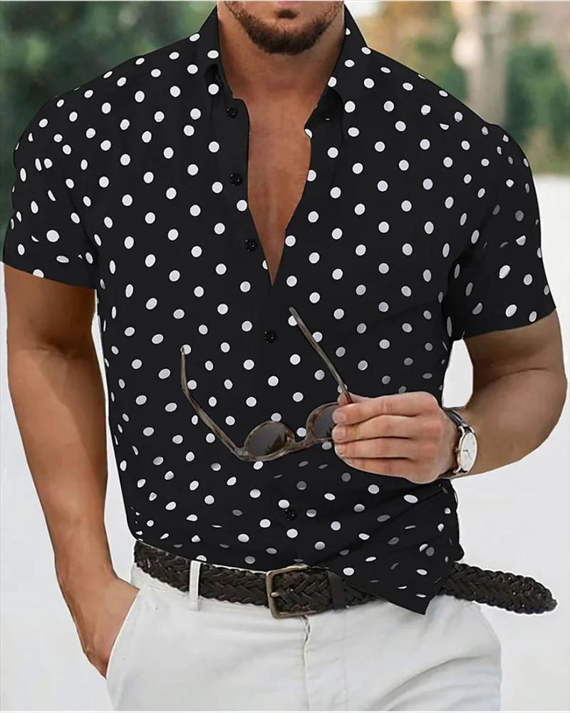 Chemise homme été plage chemise noir et blanc manches courtes à pois revers vêtements de vacances à