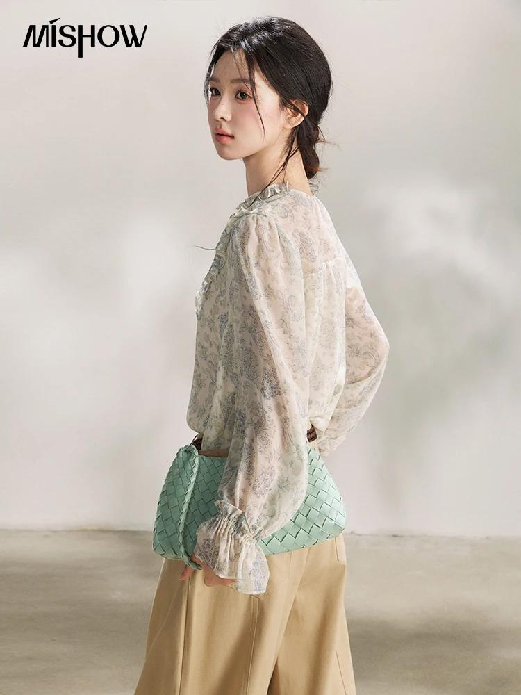 MISHOW – chemisier à volants pour femmes, bleu clair, imprimé Paisley, col en v, manches longues, en