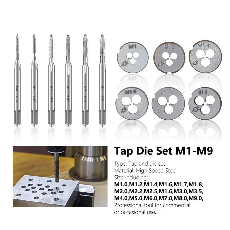 HAMPTON 2pcs Métrique Vis Tap Et Die Set M1-M9 HSS Tap Die Set Main Droite Machine Vis Mini Filetage