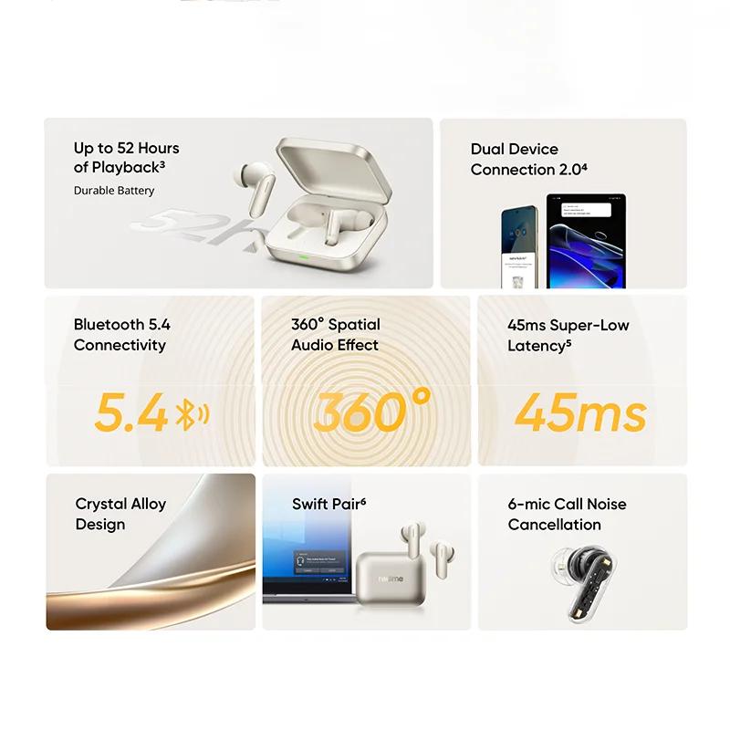 Version mondiale realme Buds Air 7 TWS écouteur 52dB suppression du bruit 52 heures d'autonomie 12.4