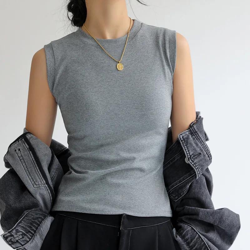 Camisole gilet pour femmes coton col rond coloré basique sans manches maillot de corps hauts t-shirt