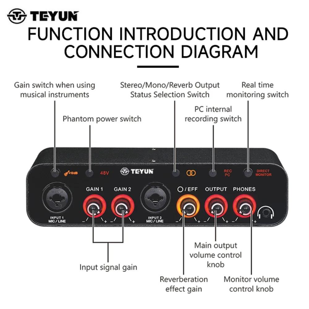 TEYUN Q26 2 canaux Interface Audio portable professionnelle console de carte son mini mélangeur USB