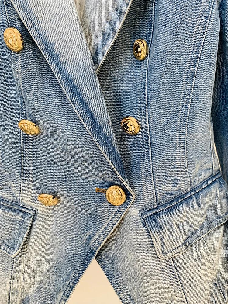 HIGH STREET Nouveauté 2026 Blazer en jean pour femme, coupe ajustée, croisé, avec boutons motif lion