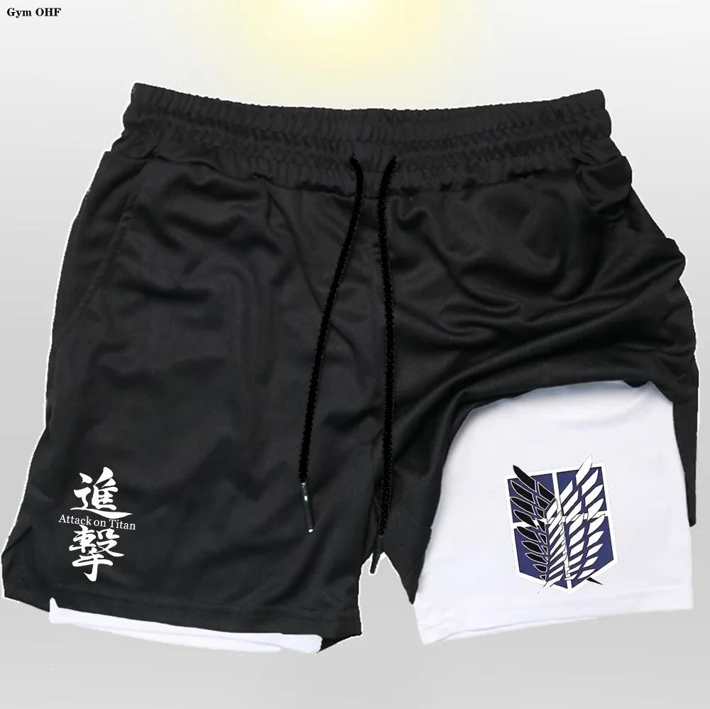 Anime Attack On hommes Gym séchage rapide Jogging Shorts Fitness entraînement course 2 en 1 pantalon