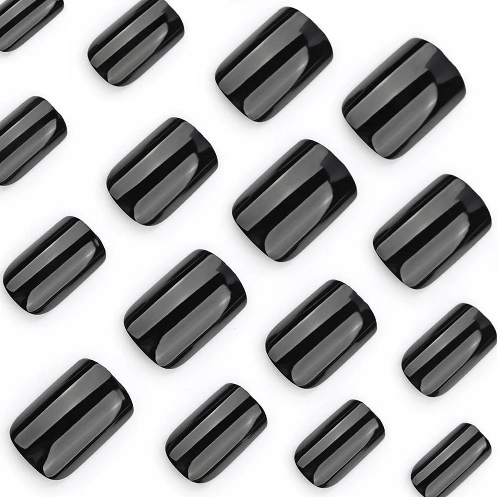 Faux ongles noirs brillants classiques, couverture complète, à pression, courts, ronds, réutilisable