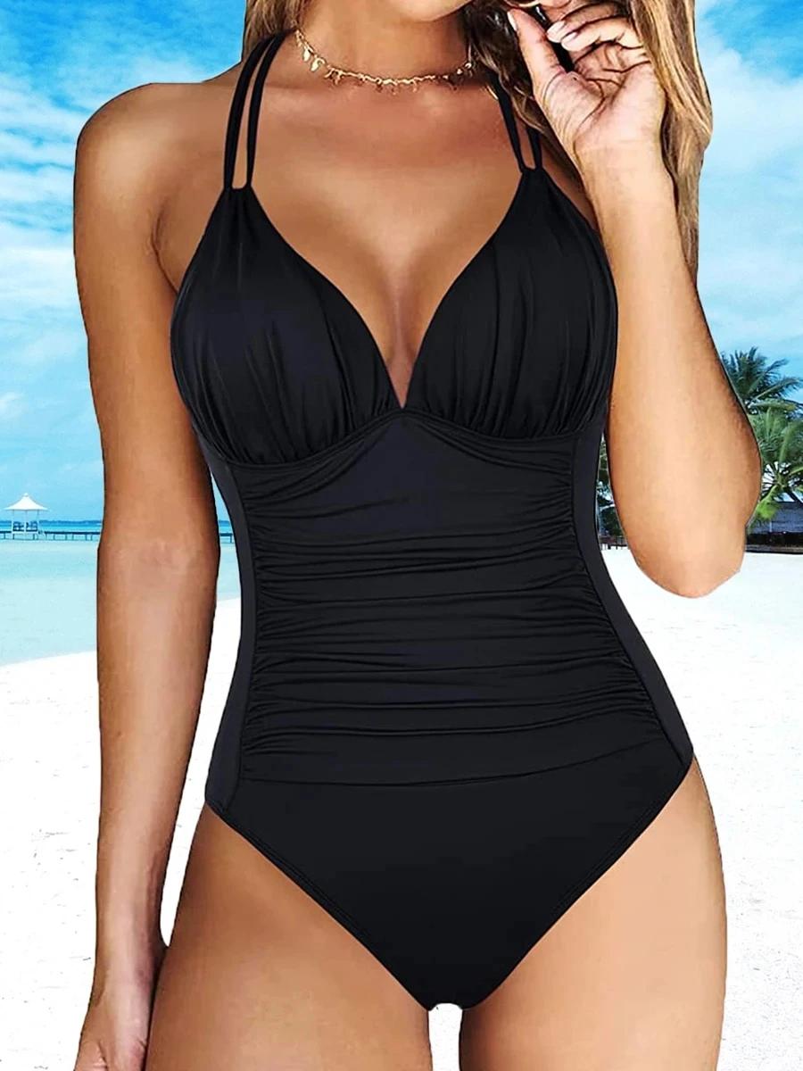 Maillot de bain une pièce froissé froncé pour femmes, Monokini, dos nu, vêtements de plage, 2025, ma
