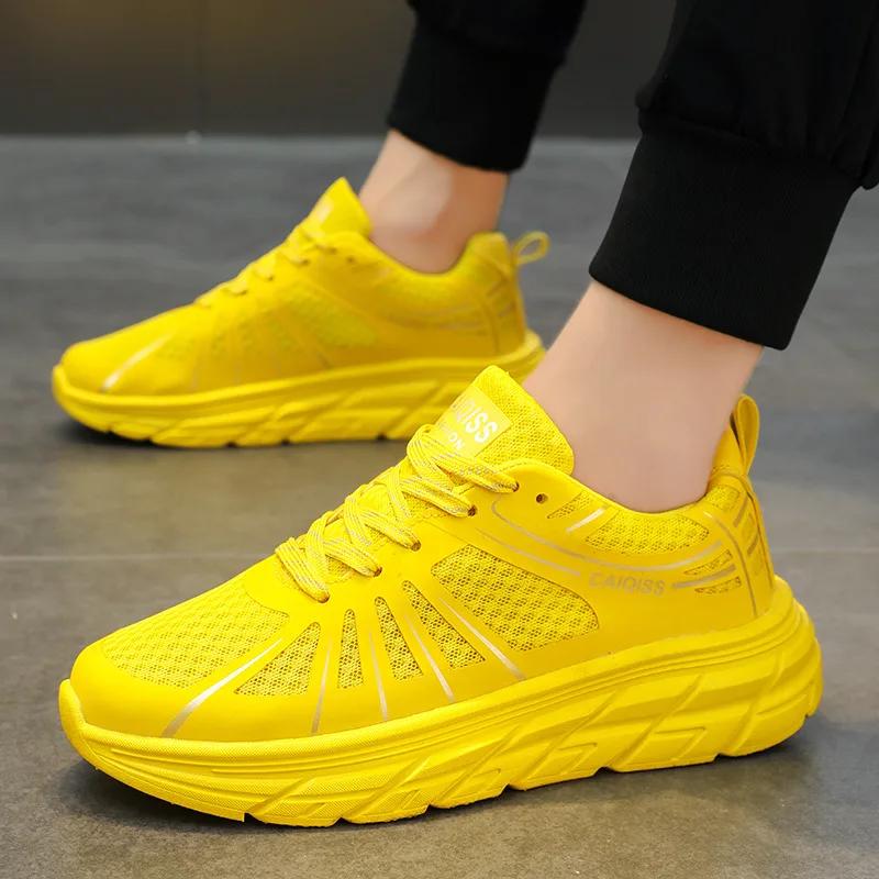 Chaussures de course respirantes en maille pour couple, baskets athlétiques jaunes à la mode pour ho