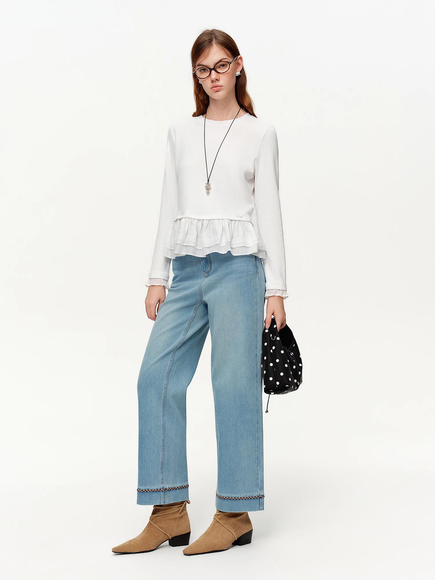 DUSHU – T-Shirt tricoté à col rond et bordure à volants pour femme, couche de Base à Texture côtelée