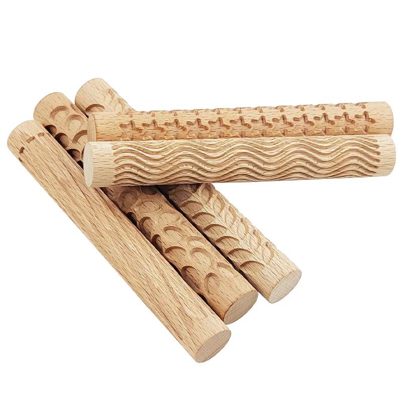 Rouleau à pâtisserie Texture en bois, poterie en céramique, tige en relief, motif de fleur, rouleau
