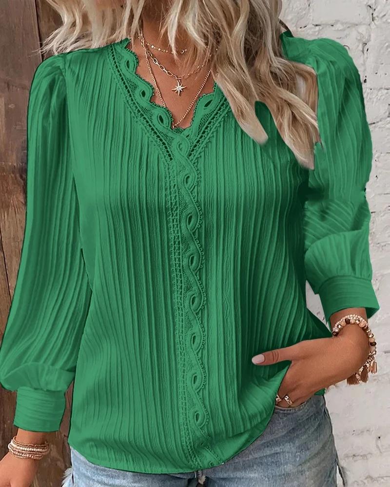 Élégant été dentelle creuse Patchwork femmes chemise Chic Blouse col en V à manches longues chemise