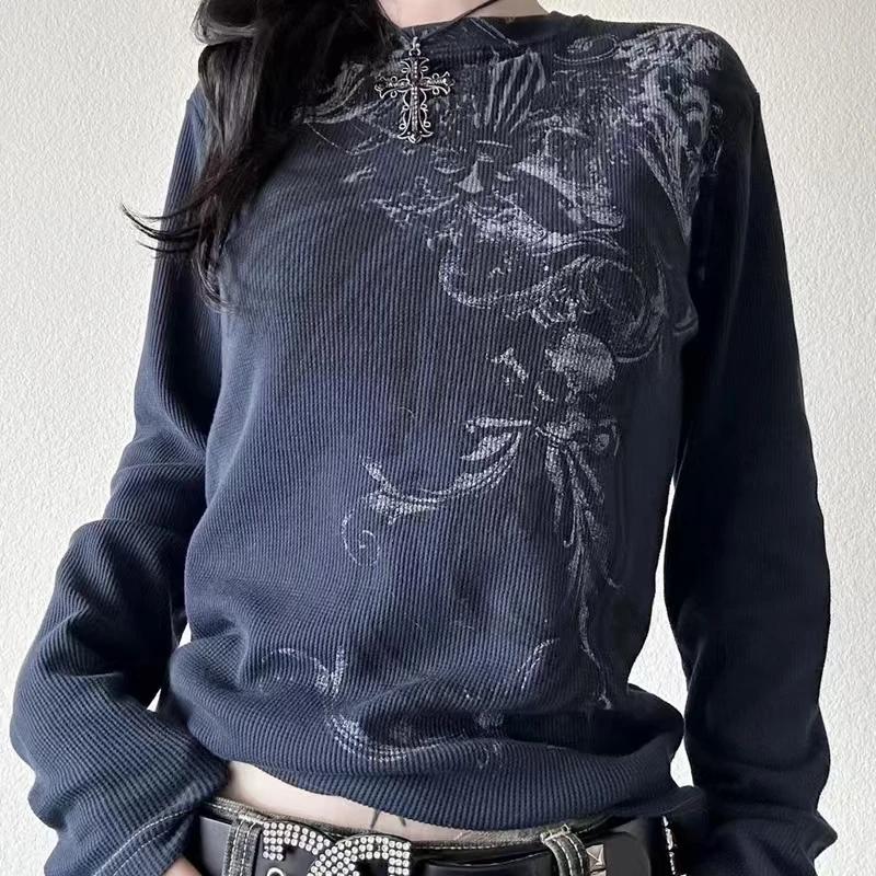 Y2K Hottie Grunge Cyber Mall Goth T-shirt thermique crânes graphique imprimé à manches longues pulls