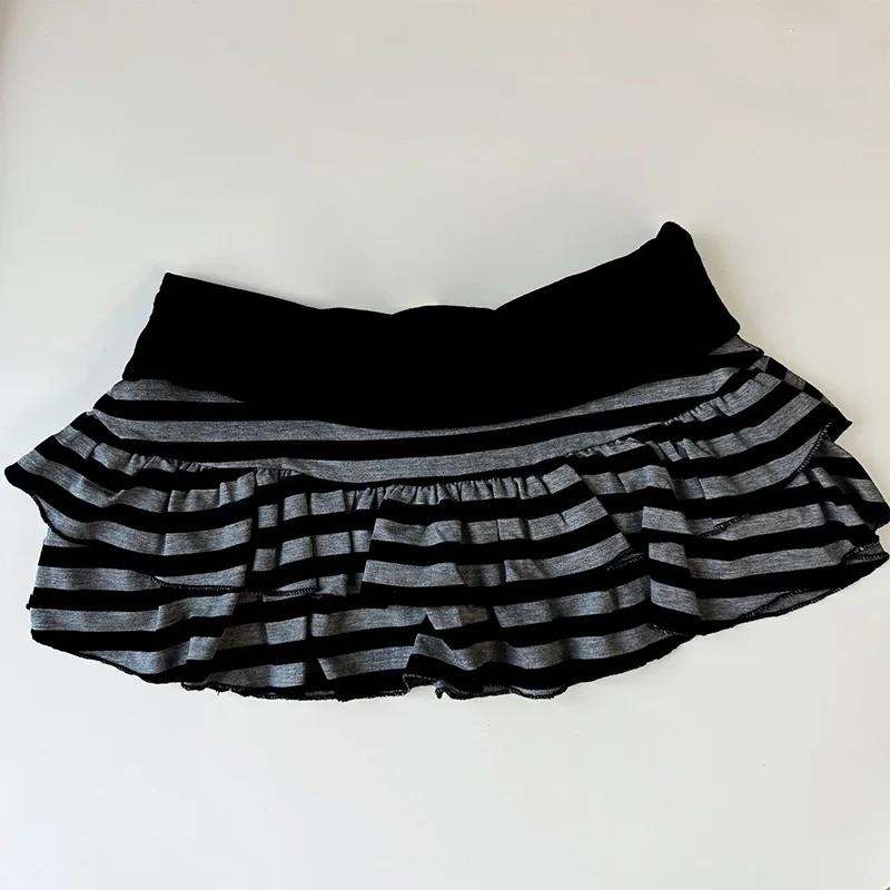Mini jupe à volants rayée noire et grise, vêtements pour femmes Y2K Grunge, taille haute, taille éla