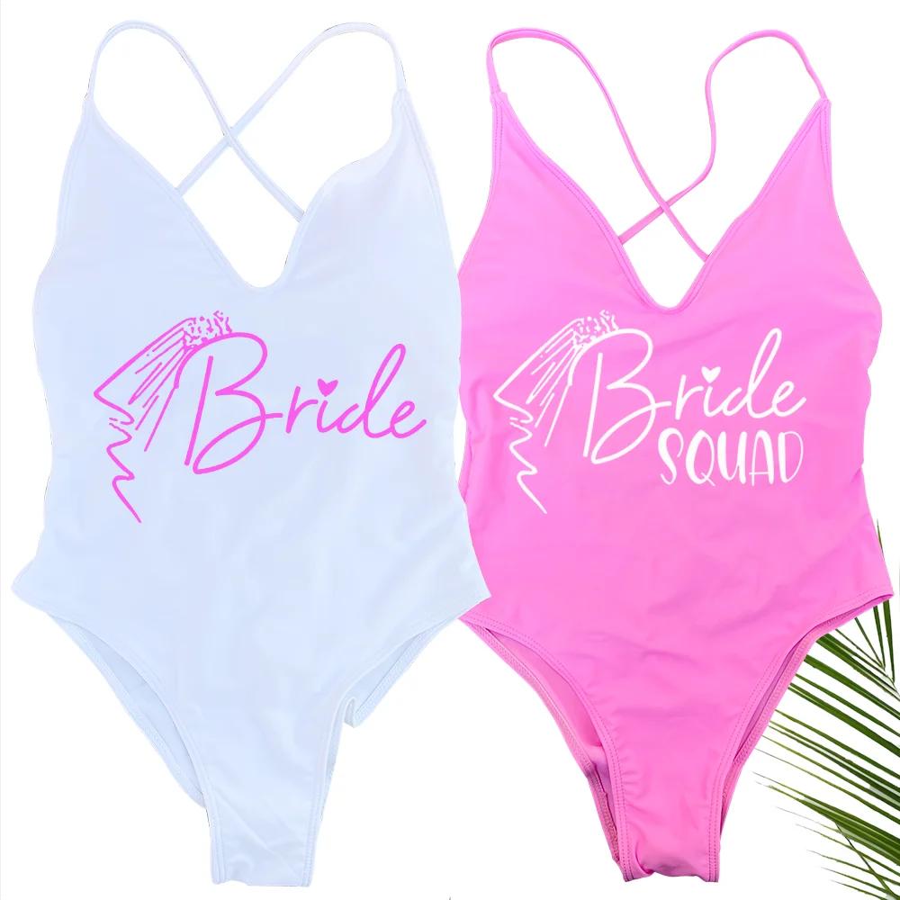 Voile rembourré une pièce maillot de bain mariée SQUAD lettre maillot de bain imprimé femmes Bikini