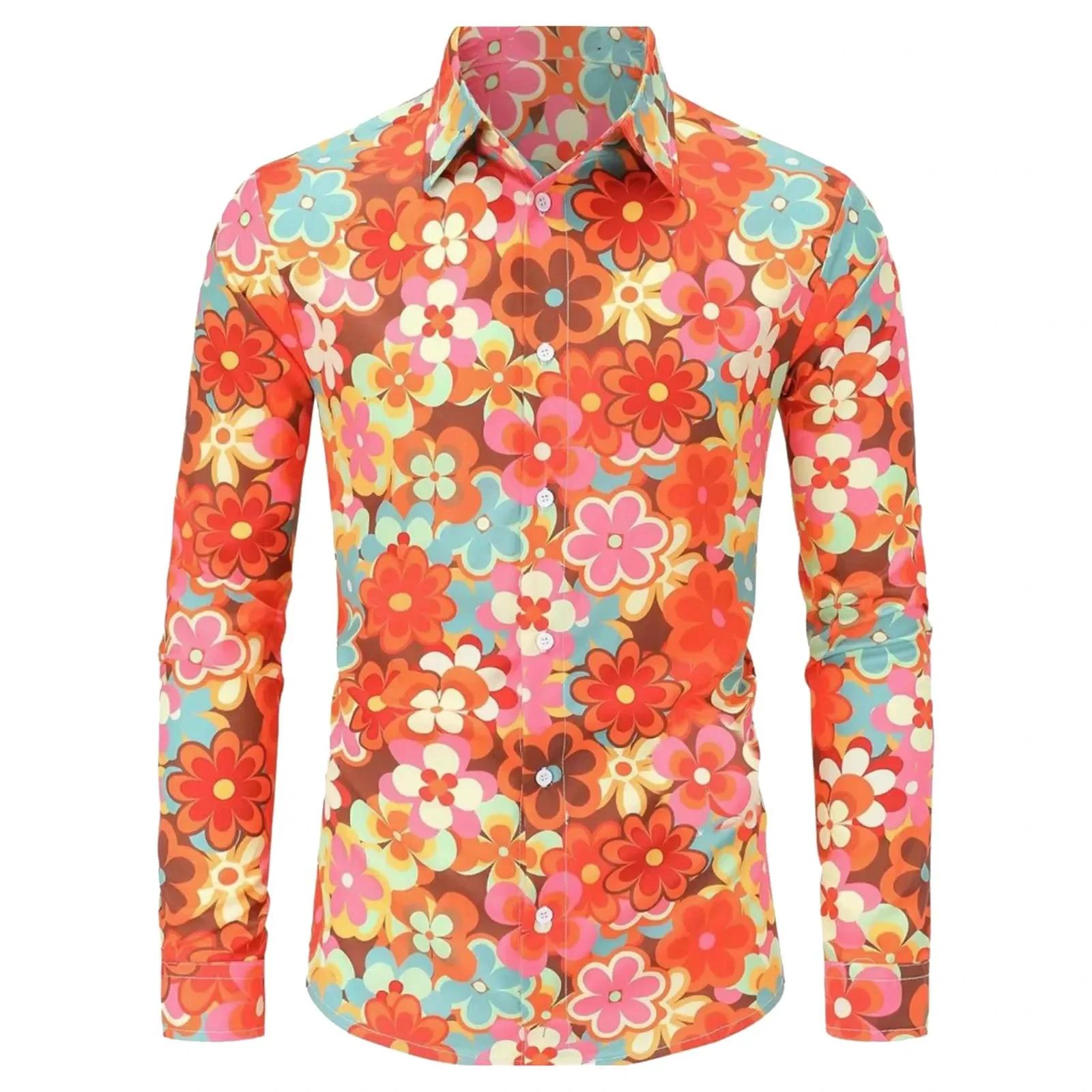  Chemise Hippie d'été des années 70 pour hommes, haut décontracté à manches longues et boutons rétr