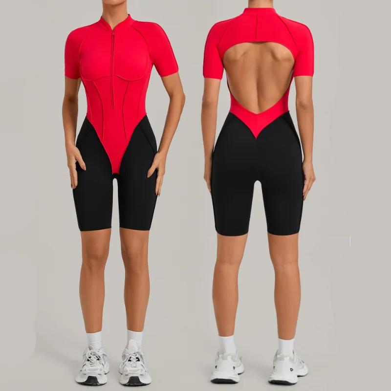 Combinaison de sport une pièce à fermeture éclair pour femme, dos en V, sans manches, dos nu, pour y