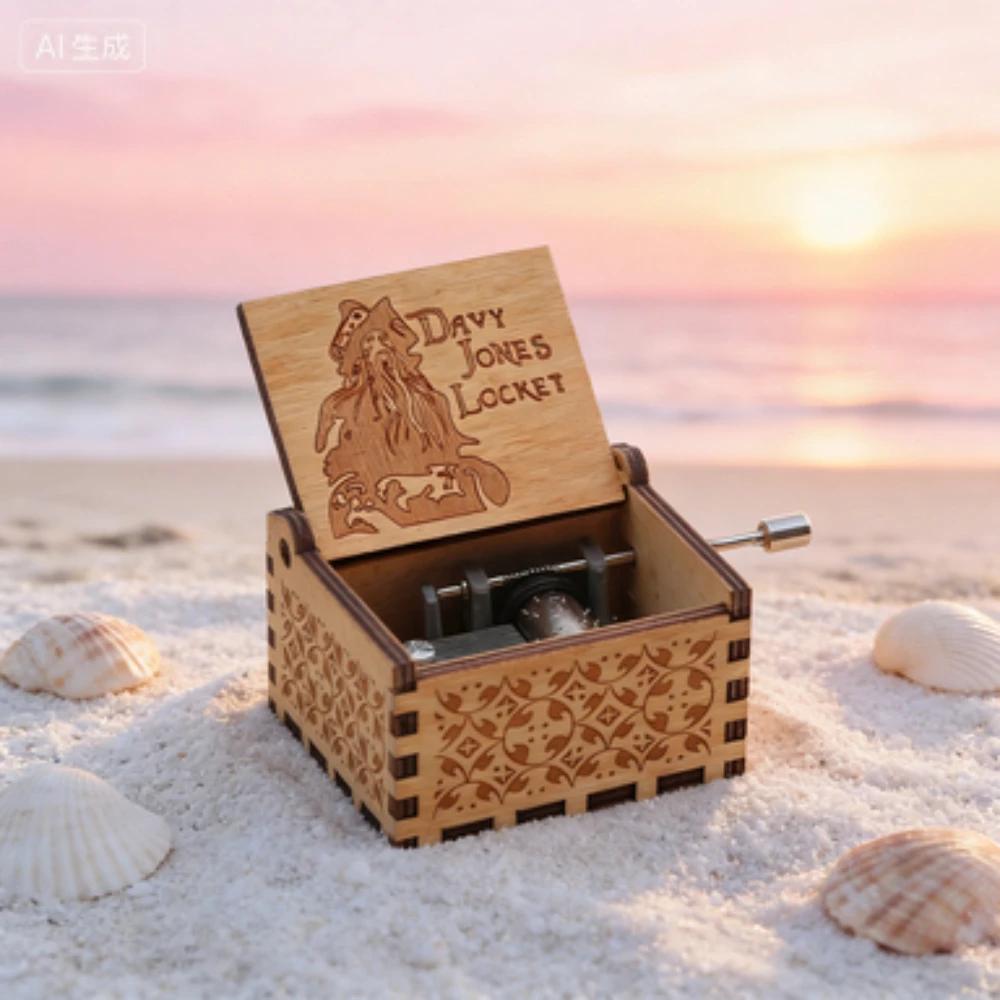 Boîte à musique en bois avec figurines de dessin animé, Pirates des Carib, Davy Jones Jack Sparrow,