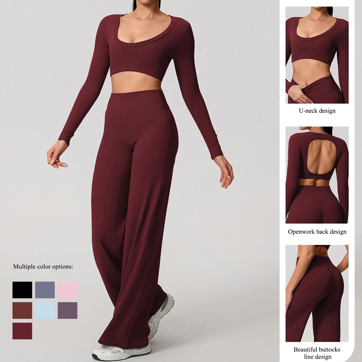 Hearuisavy – ensemble de sport 2 pièces pour femmes, manches longues, dos nu, haut de fitness ajusté