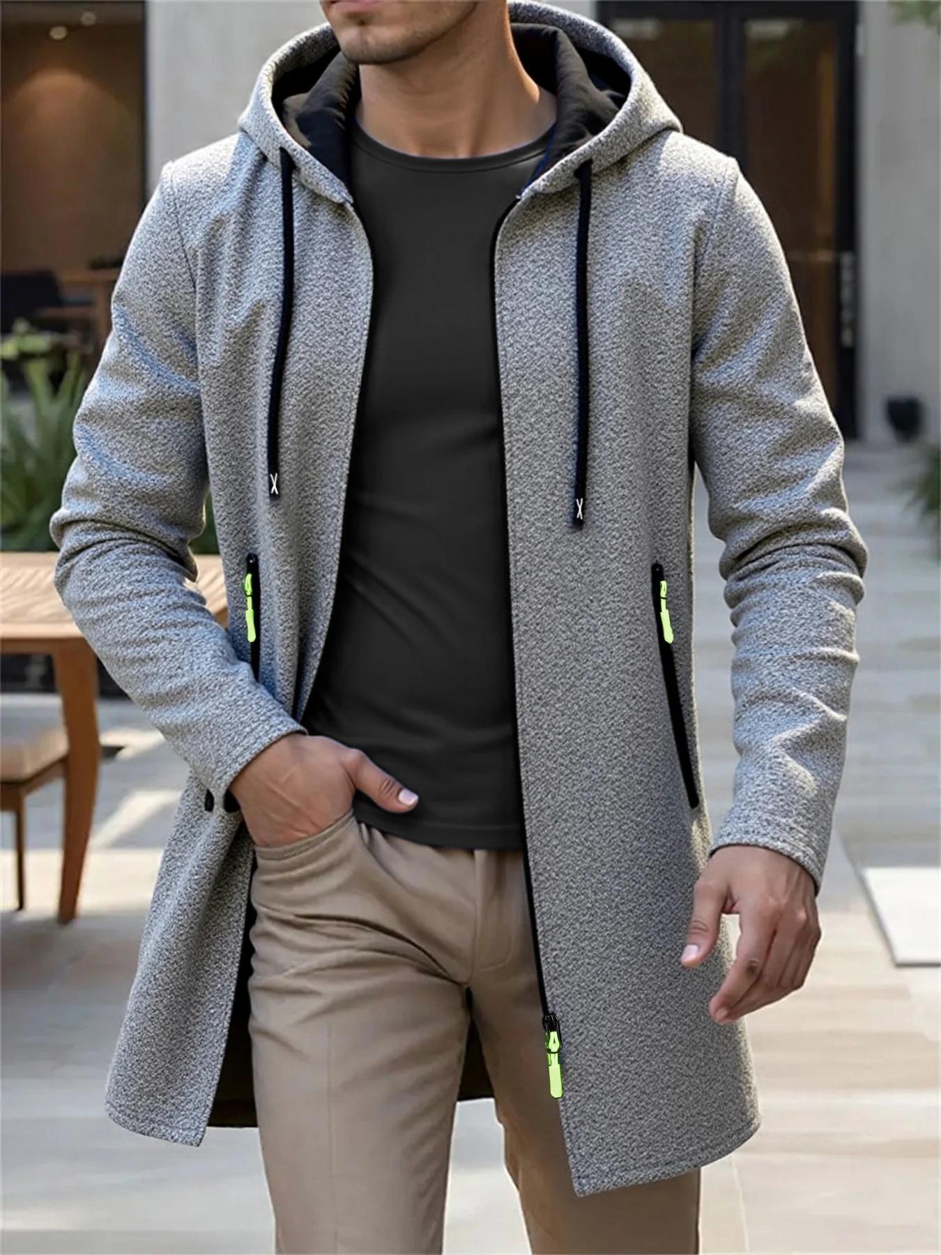 Printemps automne hommes vestes longues à capuche solide tricot Cardigan vêtements d'extérieur décon