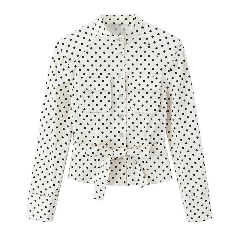 YENKYE Printemps 2026 – Veste chemise ajustée à pois pour femme, manches longues avec ceinture et po