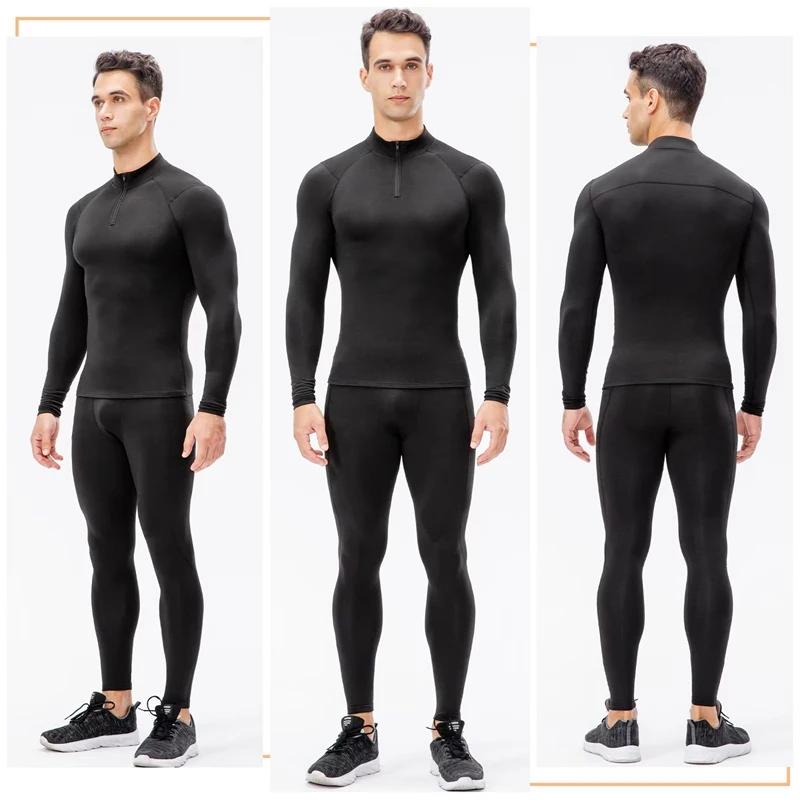 Chemises de compression thermique à fermeture éclair pour hommes, couche de base athlétique doublée