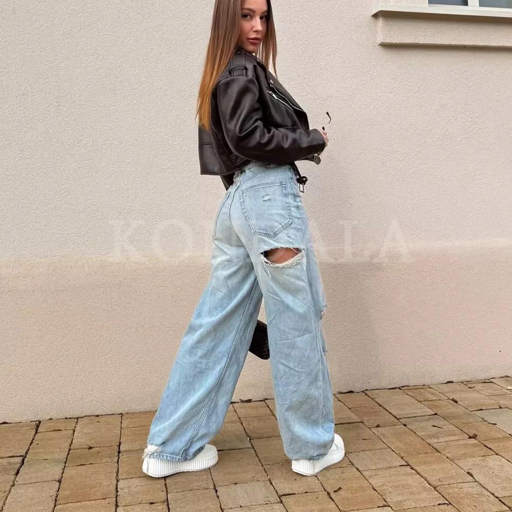 KONDALA 2026 Printemps-Été – Pantalon en jean élégant pour femme, coupe large, déchiré, idéal pour l