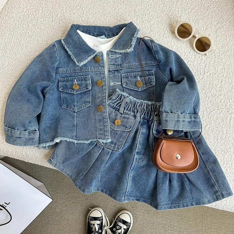 Ensemble en jean pour fille de 2 à 8 ans, avec revers rétro, veste en jean à manches longues + jupe