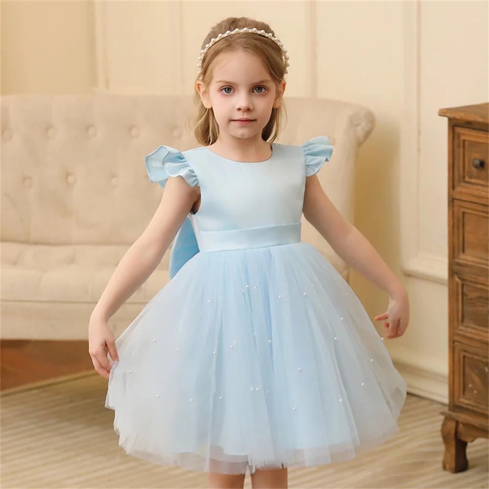 Robe en tulle bleu à dos nu pour petite fille, tenue de fête, princesse, avec nœud papillon