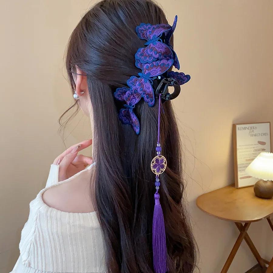 Pinces à cheveux papillon tricotées de Style chinois pour femmes, longues fleurs violettes, pompon r