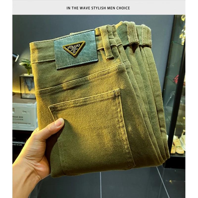 Jean vert rétro haut de gamme pour homme, coupe slim, pantalon long, denim décontracté, extensible,