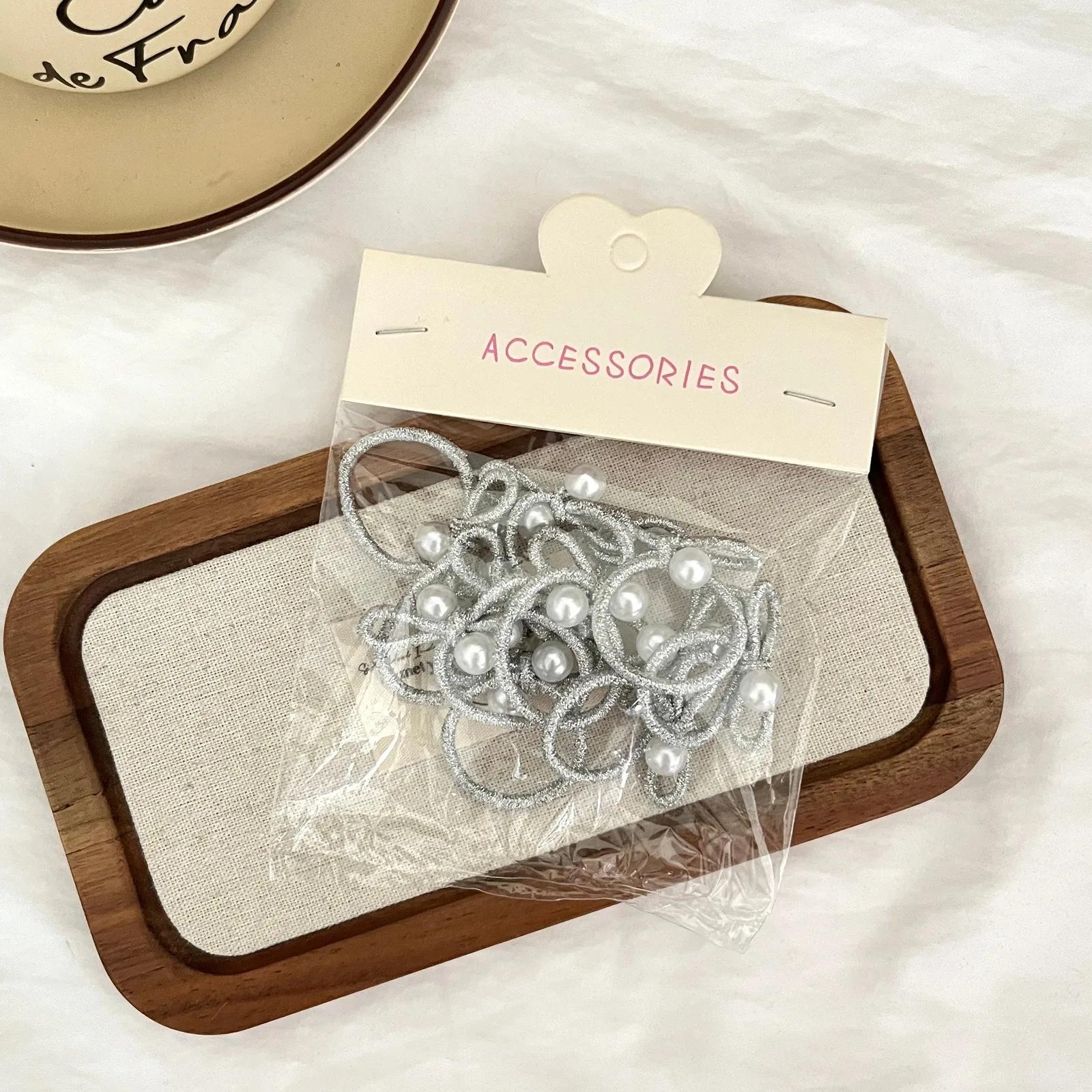 10 pièces enfants tressé élastique coréen argent perle arc bandeau sans endommager les cheveux petit