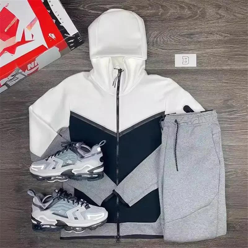 Ensembles de course à capuche pour hommes, survêtements décontractés patchwork, veste à glissière et