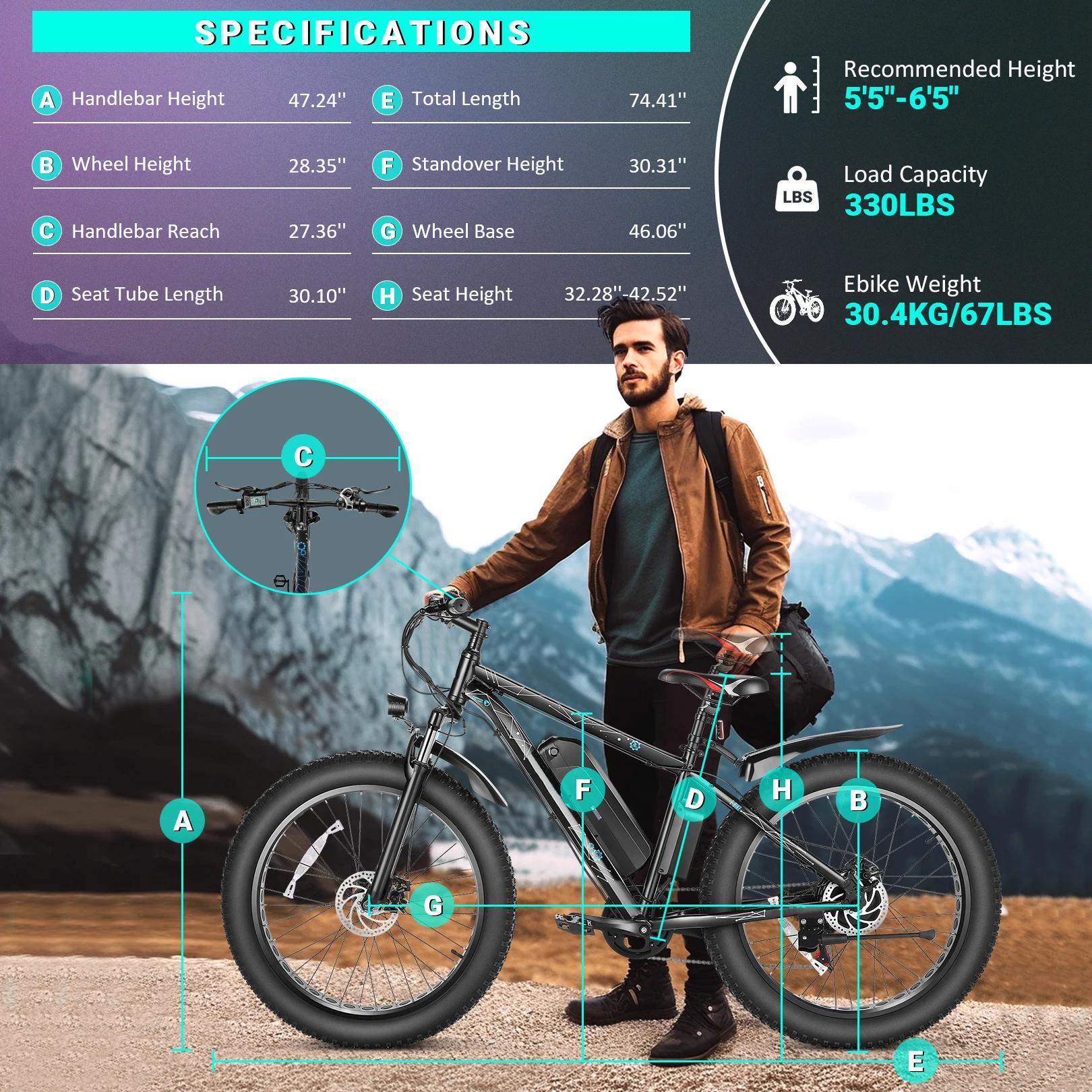 Vélo électrique Vivi F26FUL 26" x 4.0 Fat Tire avec moteur 500W, batterie amovible 48V 13Ah, 7 vites
