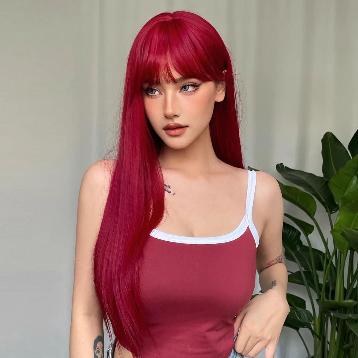 Perruque Synthétique Rouge Vin Clair avec Frange pour Femme, Cheveux Longs et Lisses, Cosplay Nature