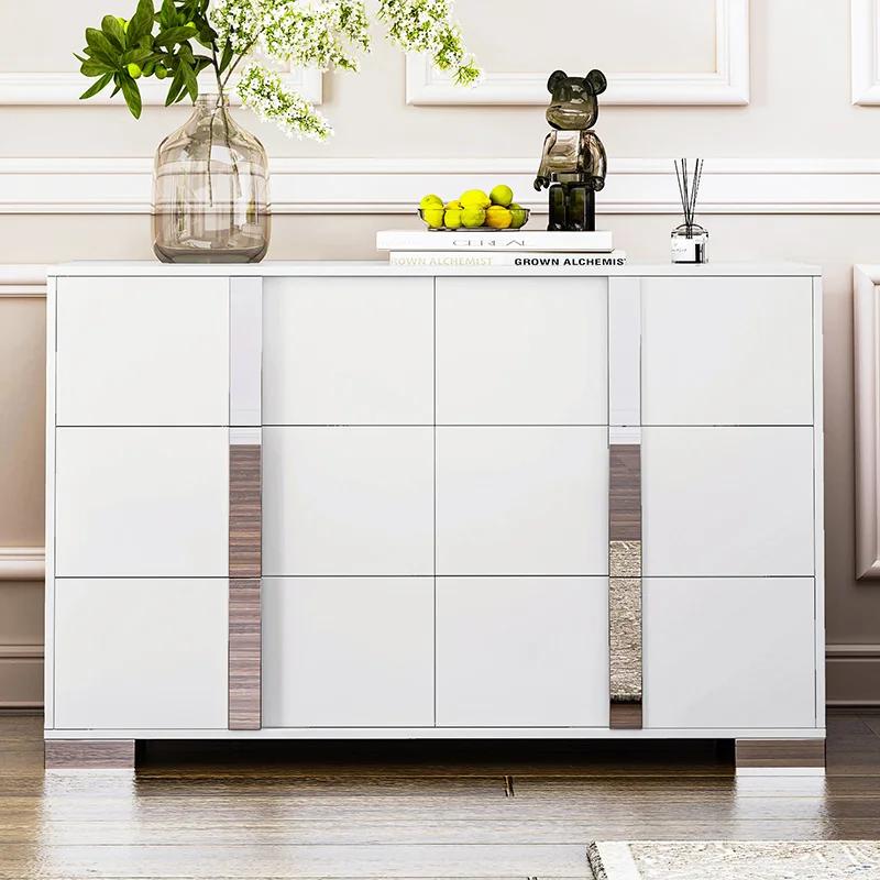 Commode moderne élégante avec poignée en métal, armoire de rangement en miroir avec 6 portes latéral
