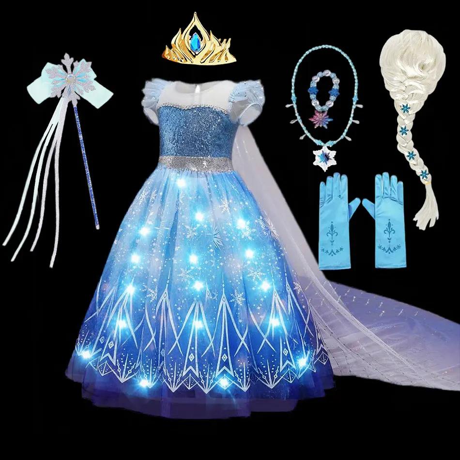 Robe de princesse Elsa pour fille, tenue de cosplay lumineuse pour Halloween, déguisement Frozen pou
