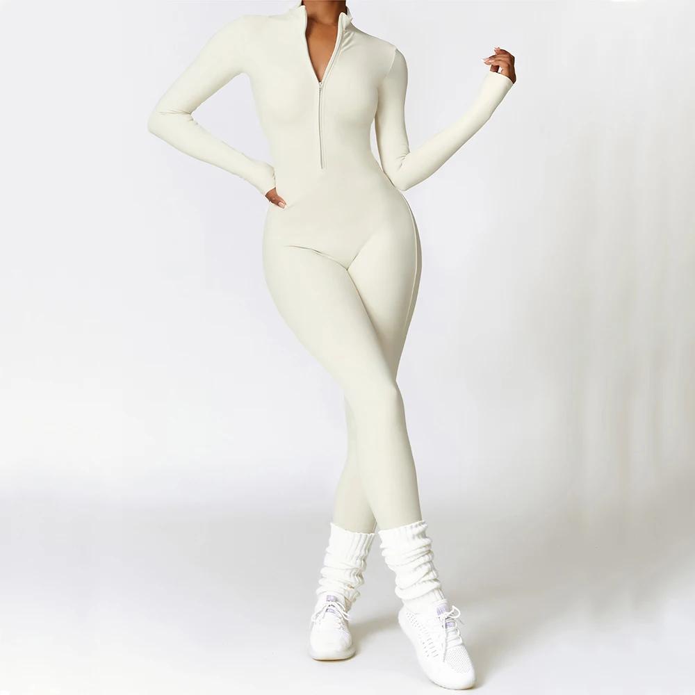 Vêtements de sport une pièce à manches longues pour femmes, barboteuse de Yoga à fermeture éclair, c
