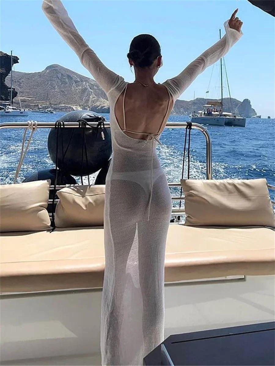 Robe enveloppée en maille pour femmes, manches longues, col rond, transparente, protection solaire,