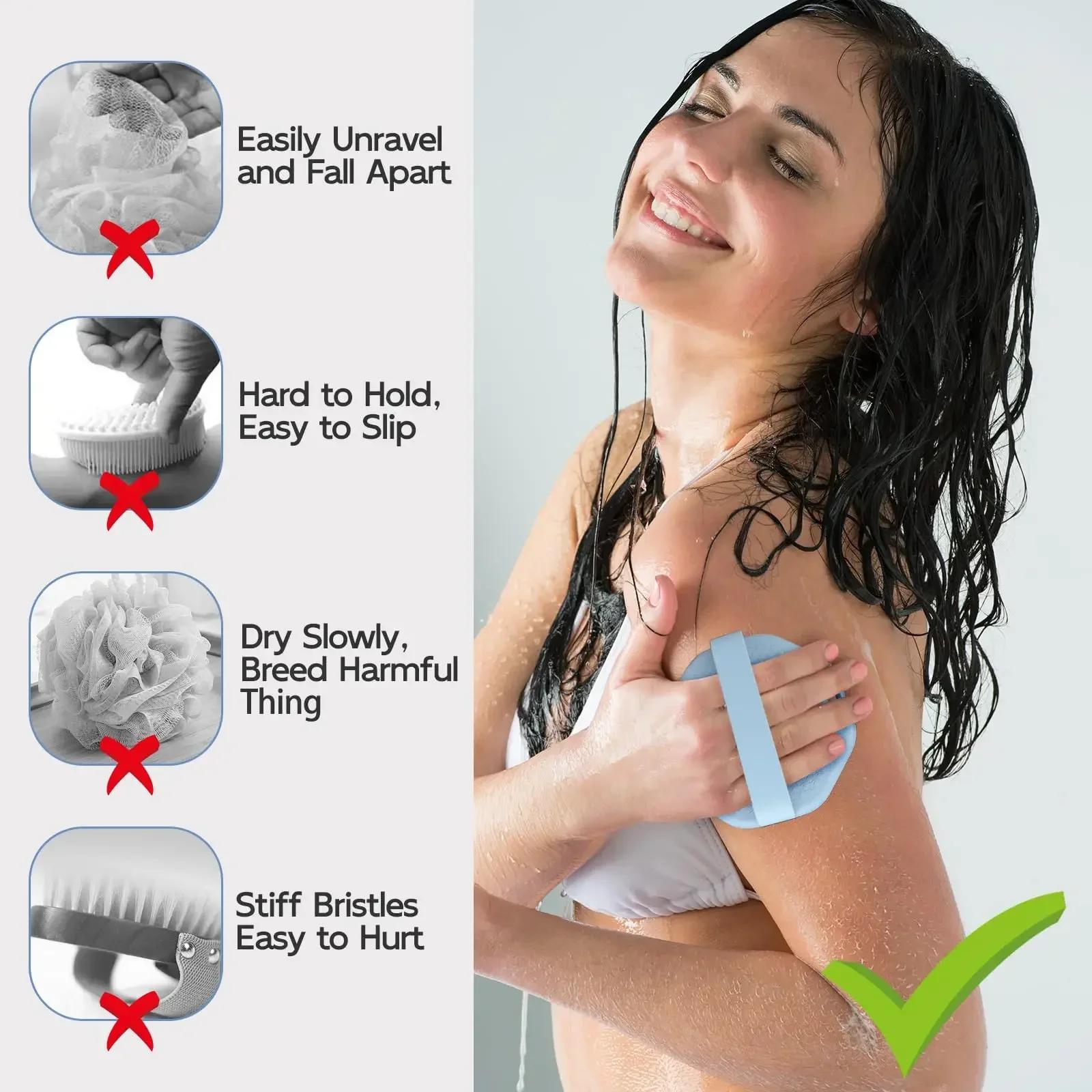 Brosse de bain en Silicone souple pour le dos, éponge de douche, brosse à récurer avec poignée, gomm