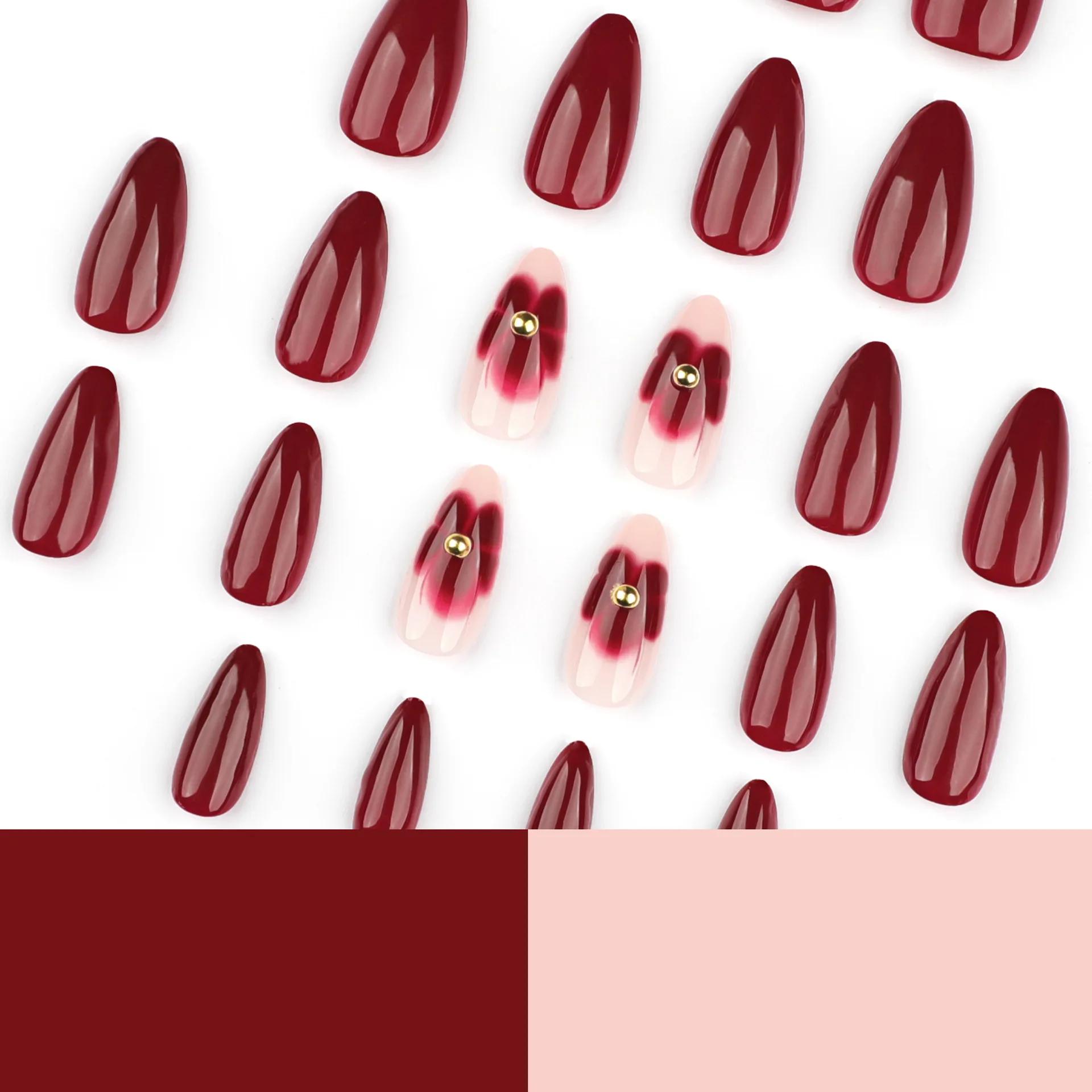 Ensemble d'ongles pour femmes, 24 pièces, en forme d'amande bordeaux, longueur moyenne, couleur unie