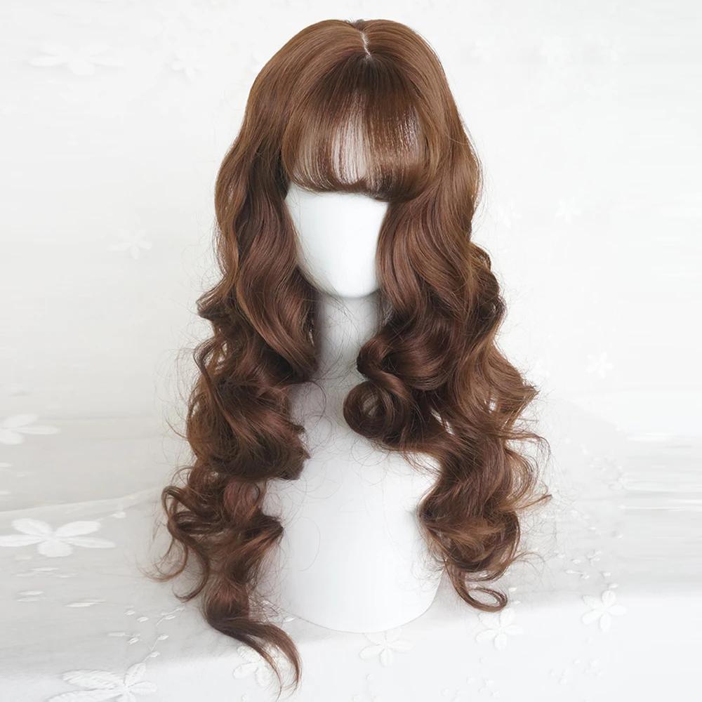 Perruque synthétique longue ondulée marron avec frange pour femmes, perruque de Cosplay Lolita moell