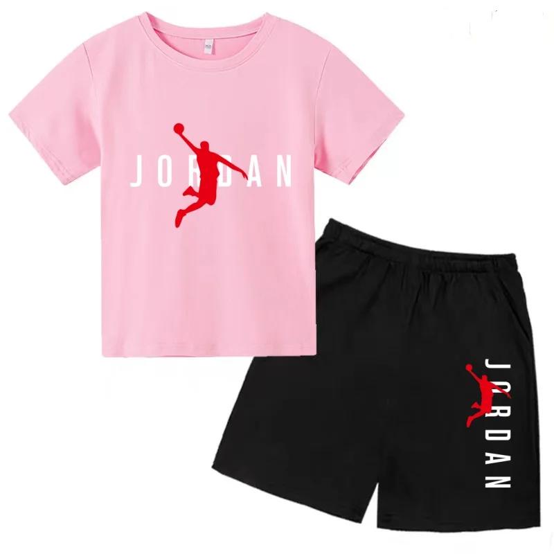 Ensemble deux pièces été 2026 pour enfants : T-shirt blanc et short, imprimé lettres de basket-ball,
