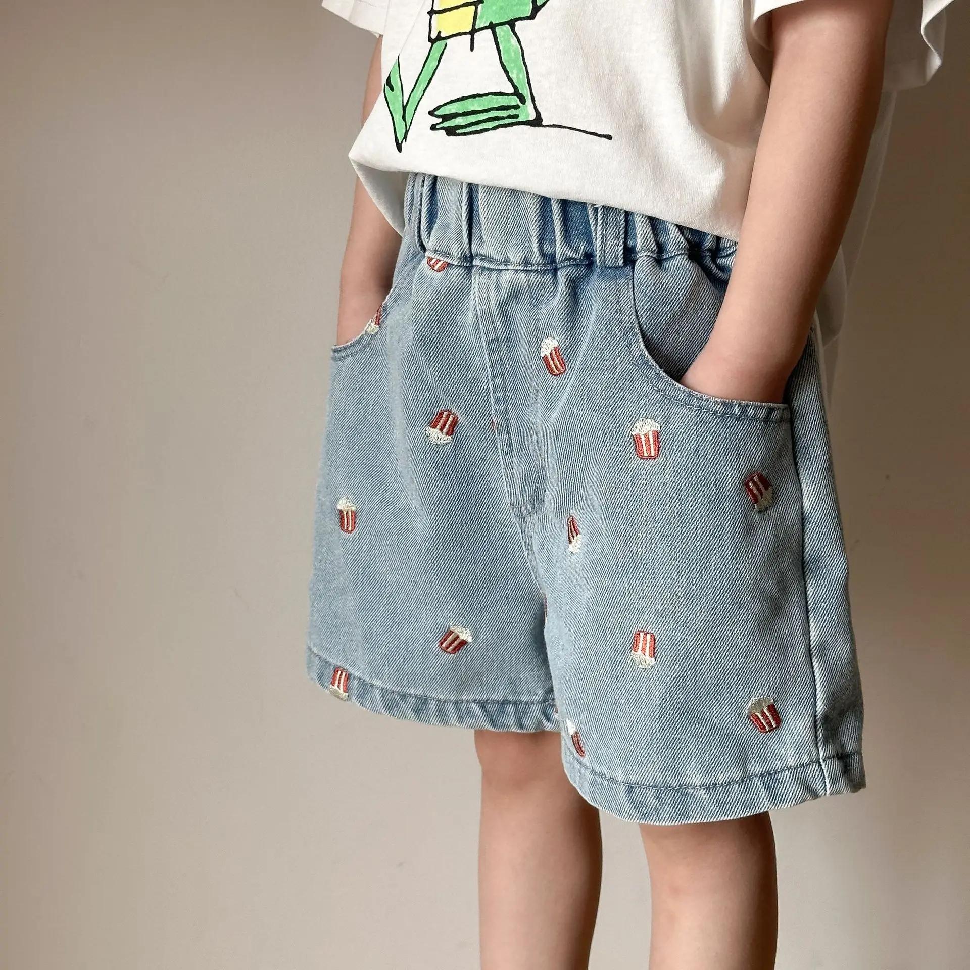 Shorts en jean d'été 2026 pour enfants (80-150 cm) – Broderie Popcorn, taille élastique, décontracté