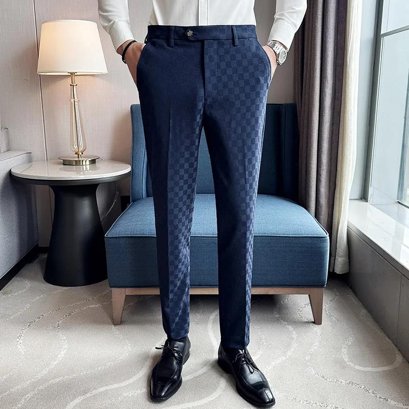 Automne hiver coréen Plaid pantalons décontractés hommes coupe ajustée robe d'affaires costume panta
