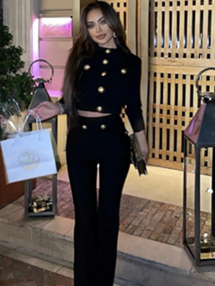 Nouveau Style d'automne couleur noire femmes à manches longues bouton rayonne Bandage manteau pantal