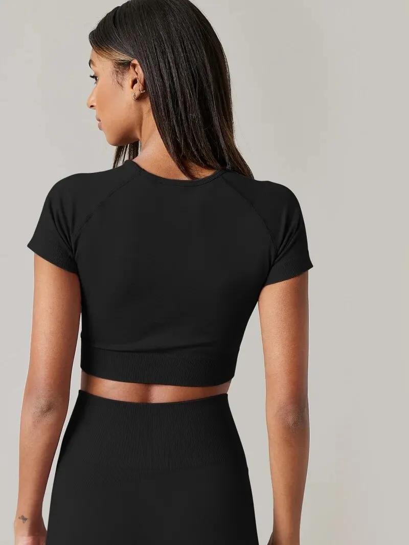 T-shirt de sport sans couture pour femme, haut de yoga, vêtements de fitness, chemise de gym, vêteme